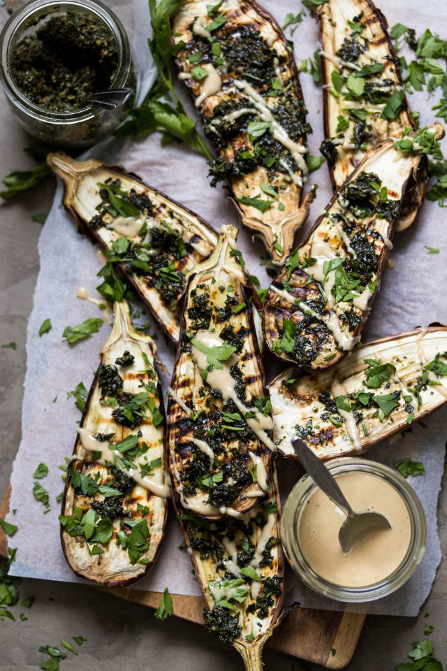 vegan eggplant recipes - chargrilled eggplant with carrot top and pesto