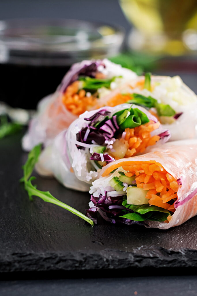 vegan meal prep for weight loss - fresh spring rolls with peanut sauce