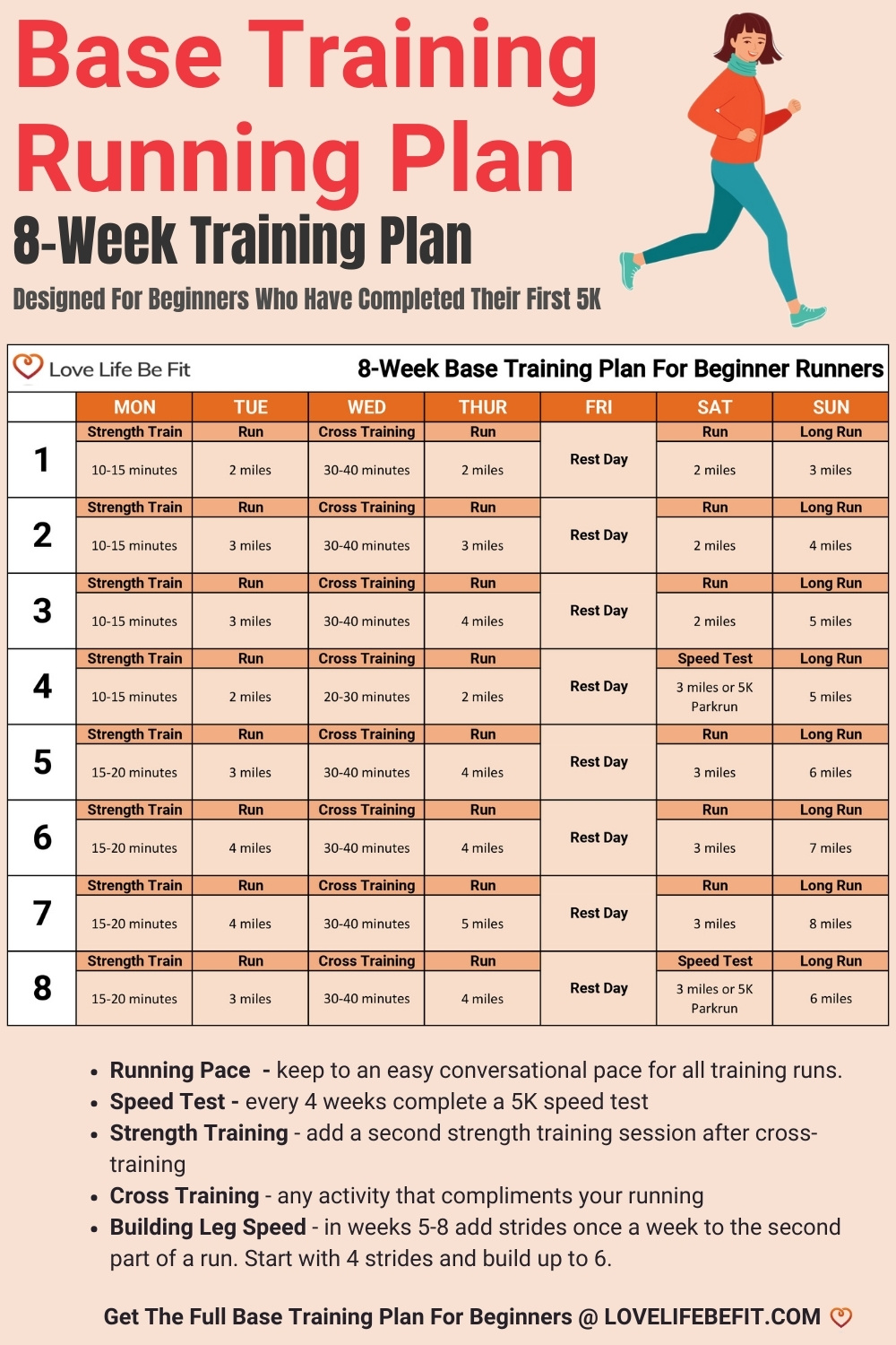 Base Running Training Plan Printable 8 Week Plan Love Life Be Fit