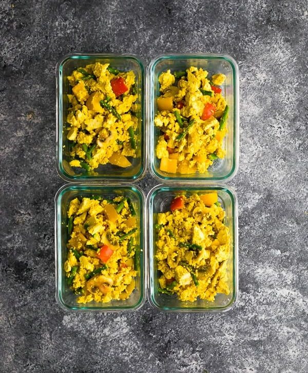 meal prep containers of tofu scramble