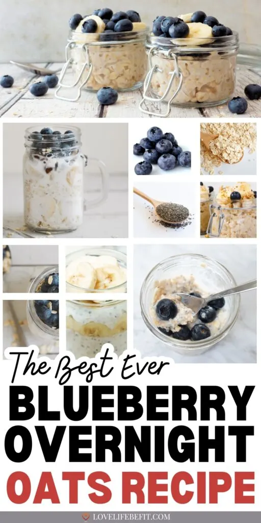 several images of blueberry overnight oats in a jar and images of ingredients