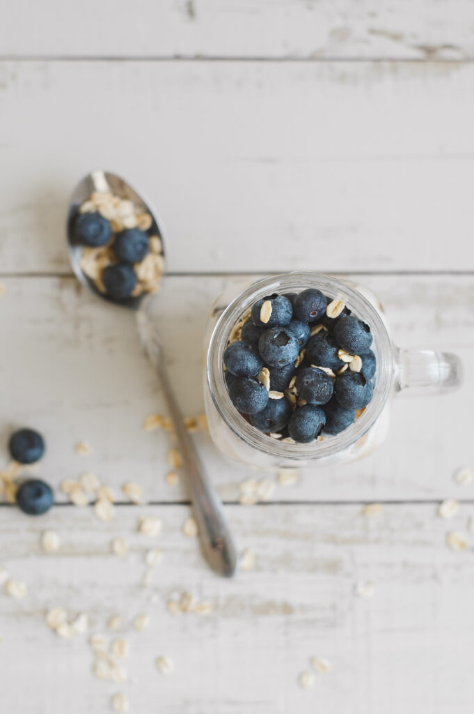 image of blueberry overnight oats in a jar taken from above