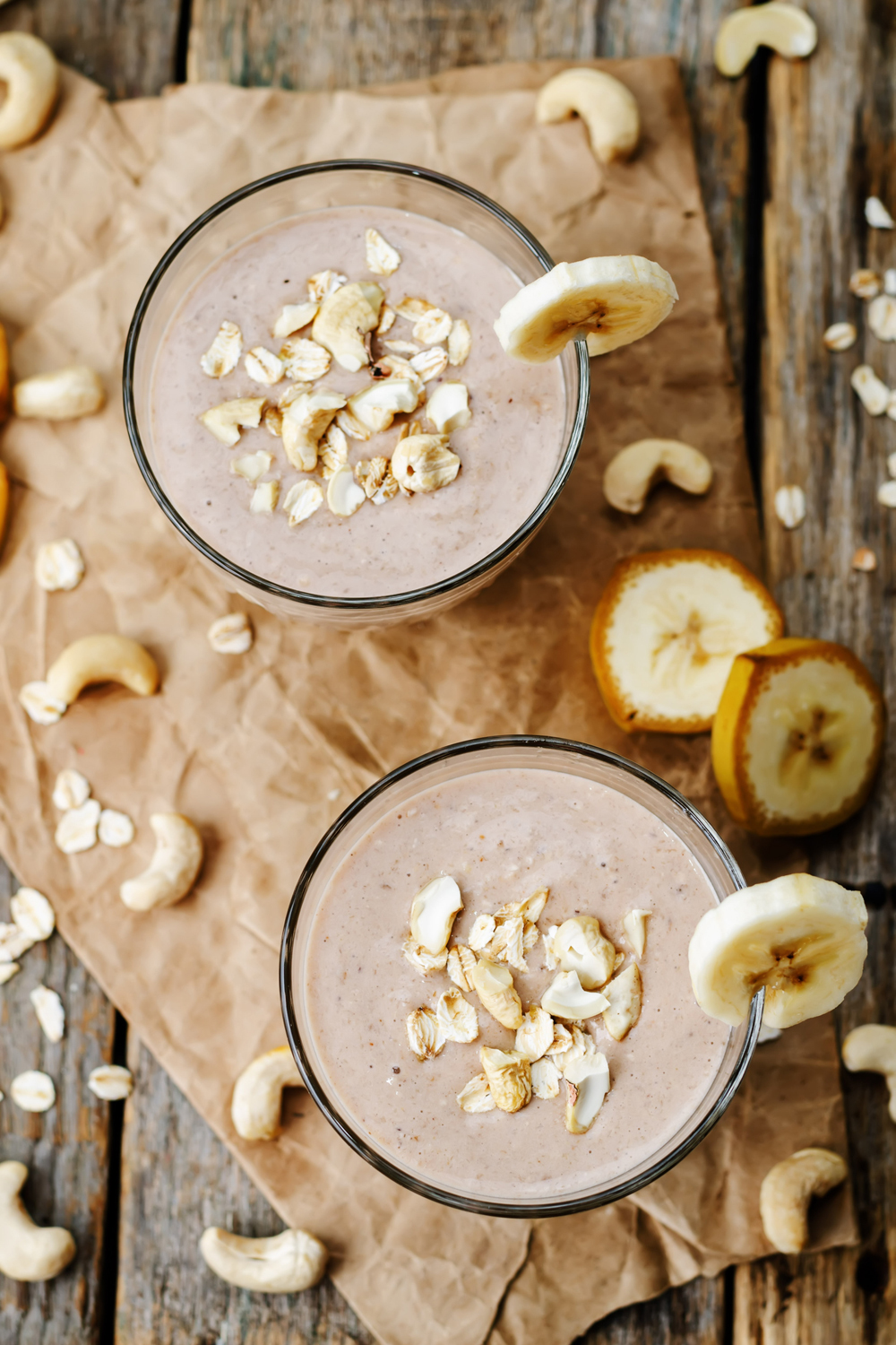 Image of a chocolate banana oat smoothie recipe taken from above