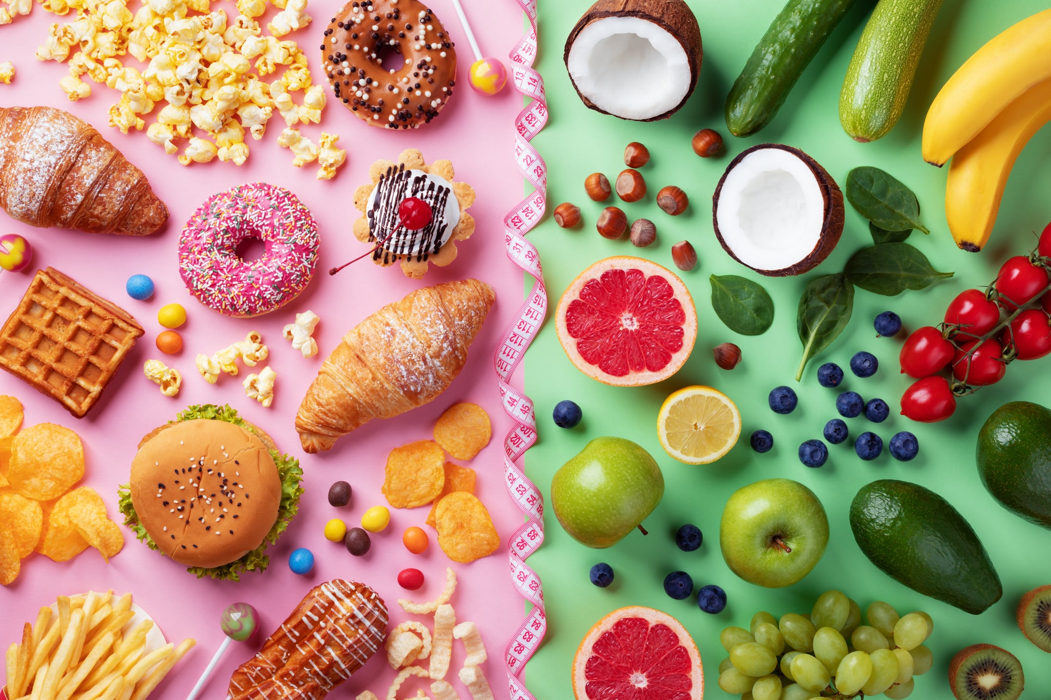 Images of healthy food contrasted with images of food full of added sugar to promote a sugar detox