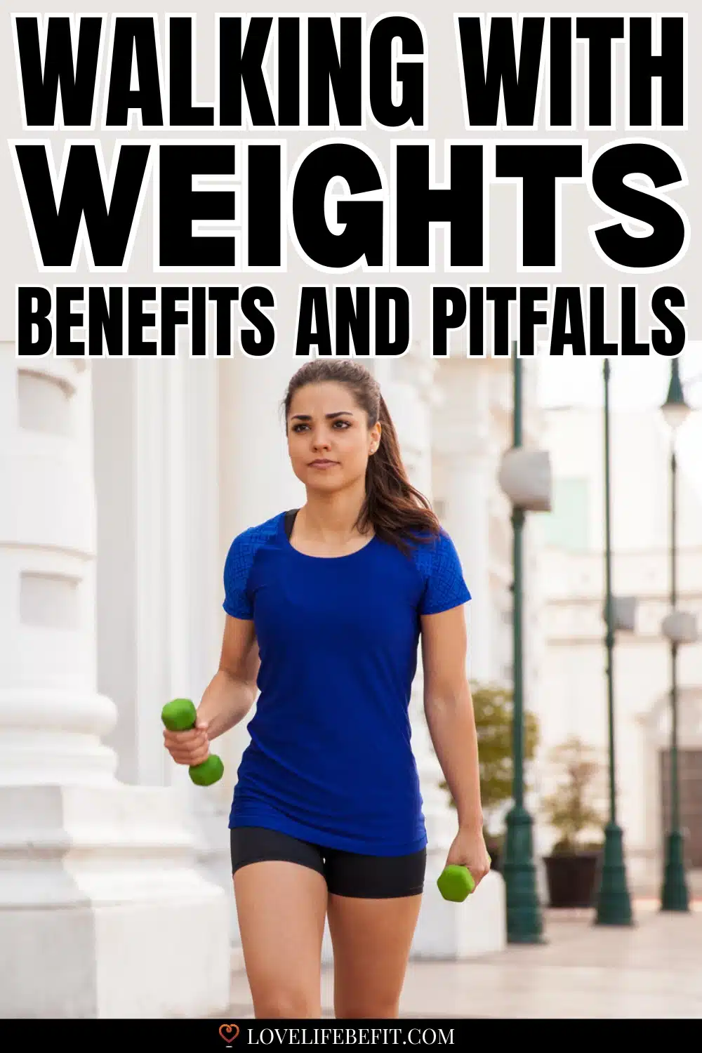 image of a young woman walking for fitness with handheld weights