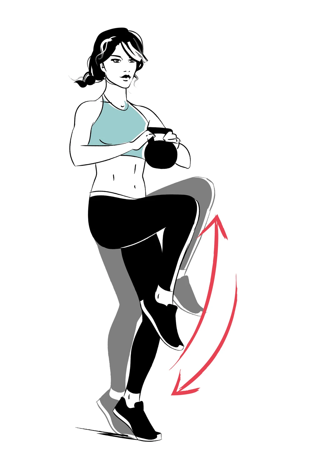 Illustration of high knees exercise holding a kettle bell