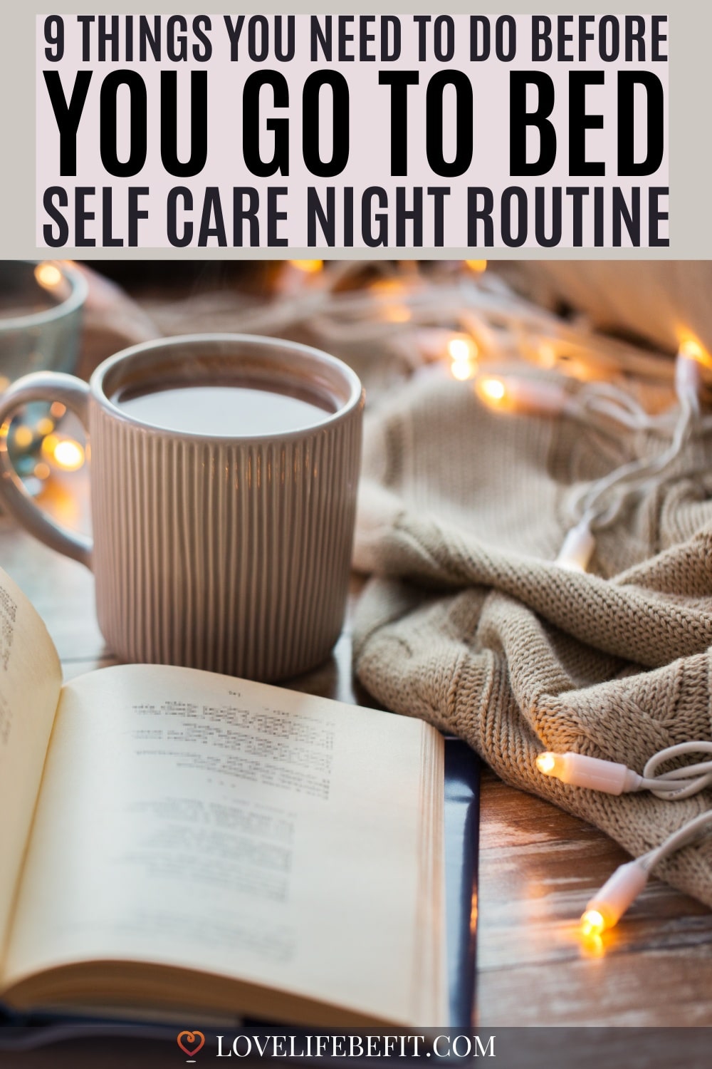 Image of a book, tea and a cosy wrap to help relax before bedtime