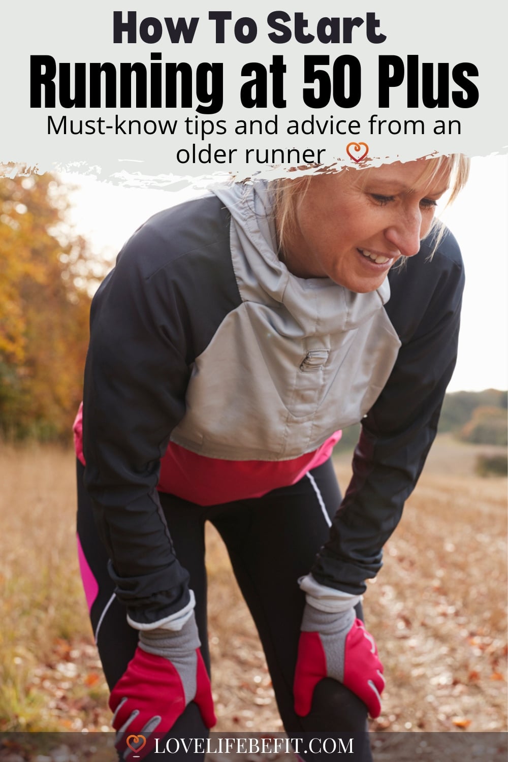 Image of a mature woman stopping for a rest from running